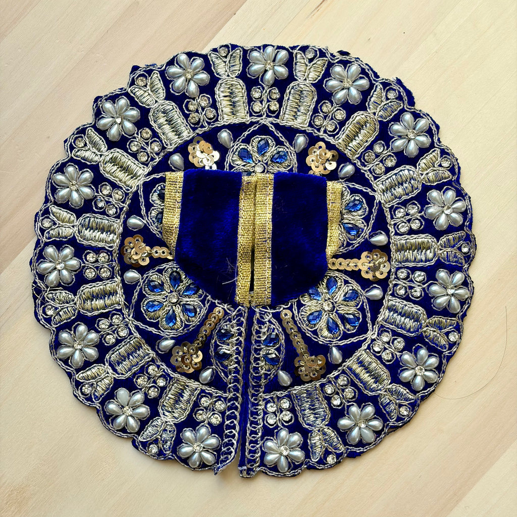 Blue velvet with pearl work Laddu Gopal dress for festive shringar in premium fabric with decorative detailing