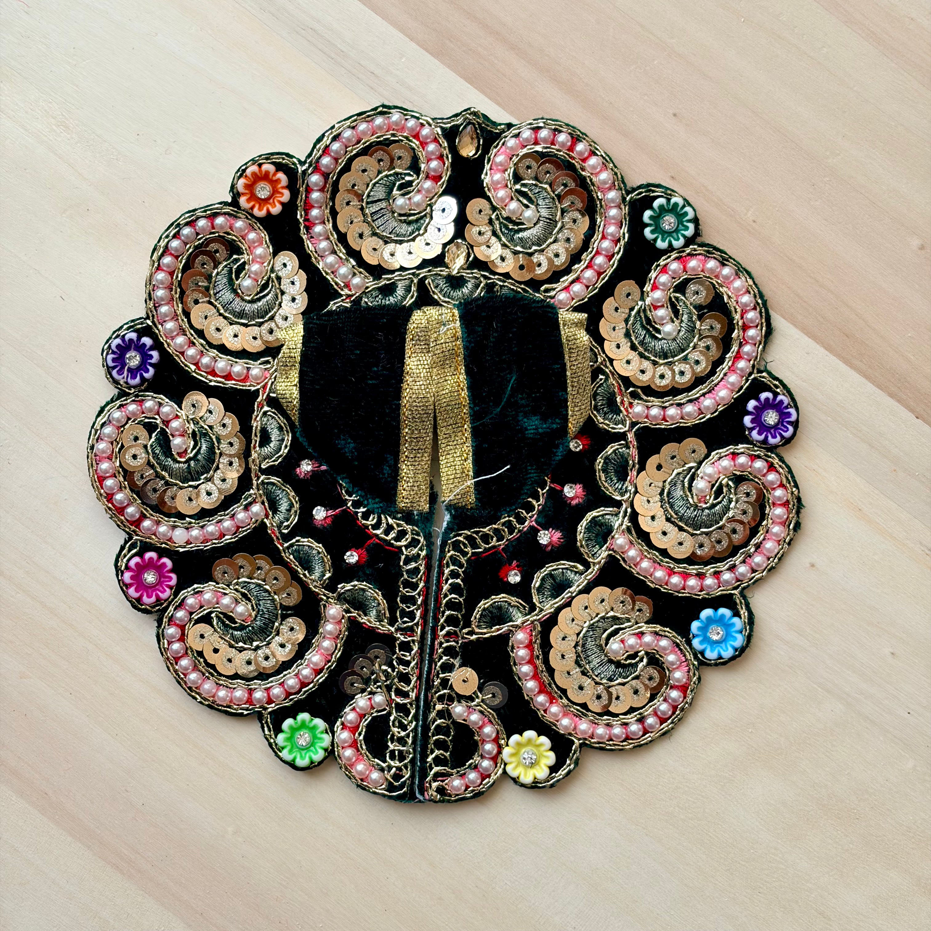 Green Laddu Gopal dress with flowers for festive shringar in premium fabric with decorative detailing