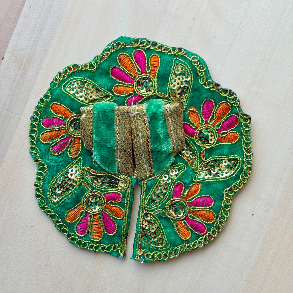 Green velvet Laddu Gopal dress for festive shringar in premium fabric with decorative detailing