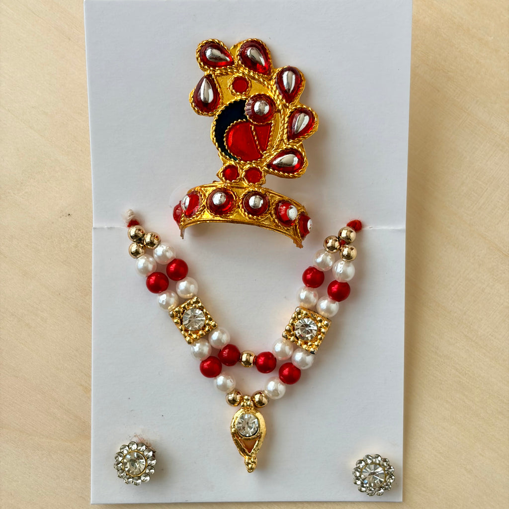 Laddu gopal red mala mukut earring set with diamonds and stones for shringar