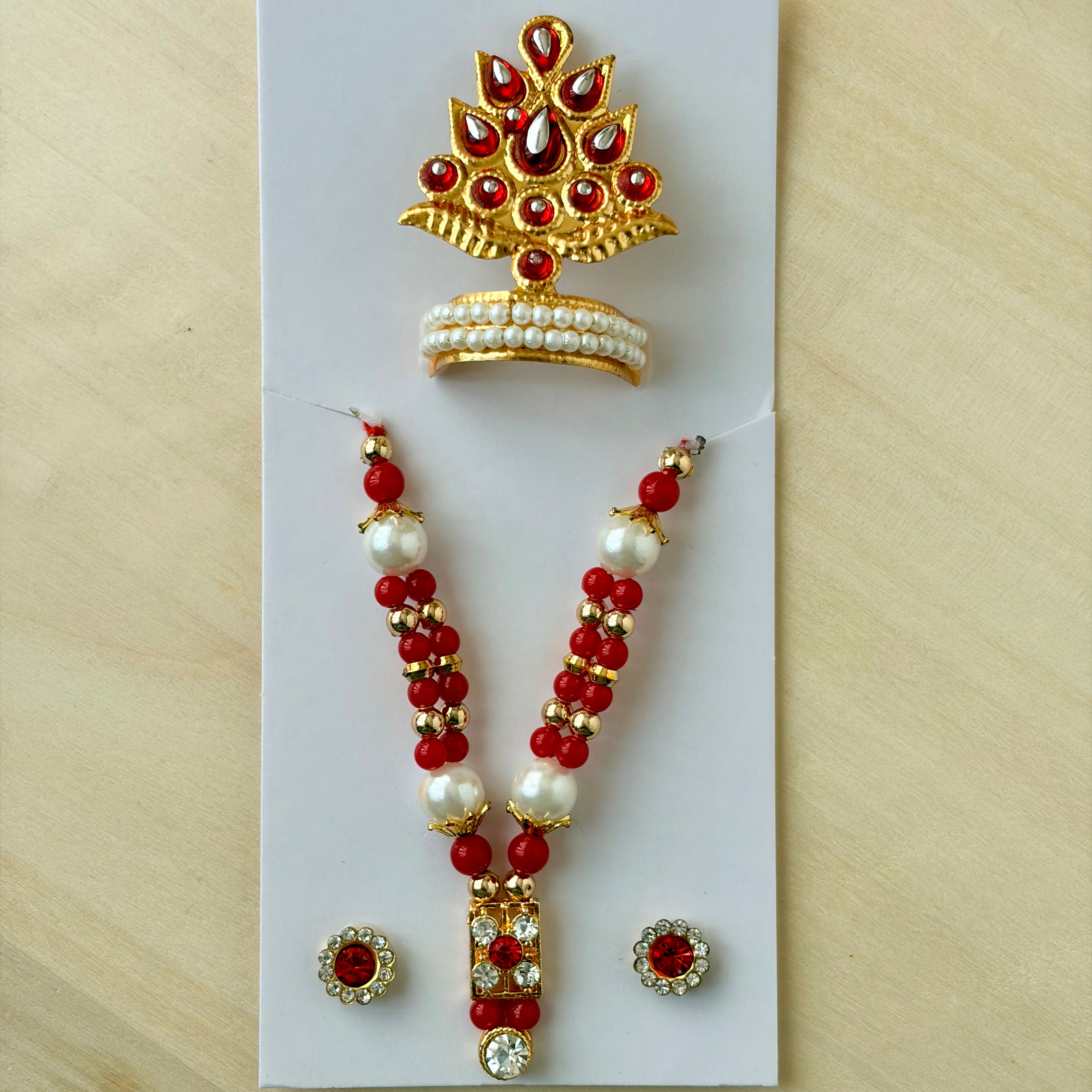 Colour pearl mala mukut earring set, suitable for size 4 to 5 - KSJ8