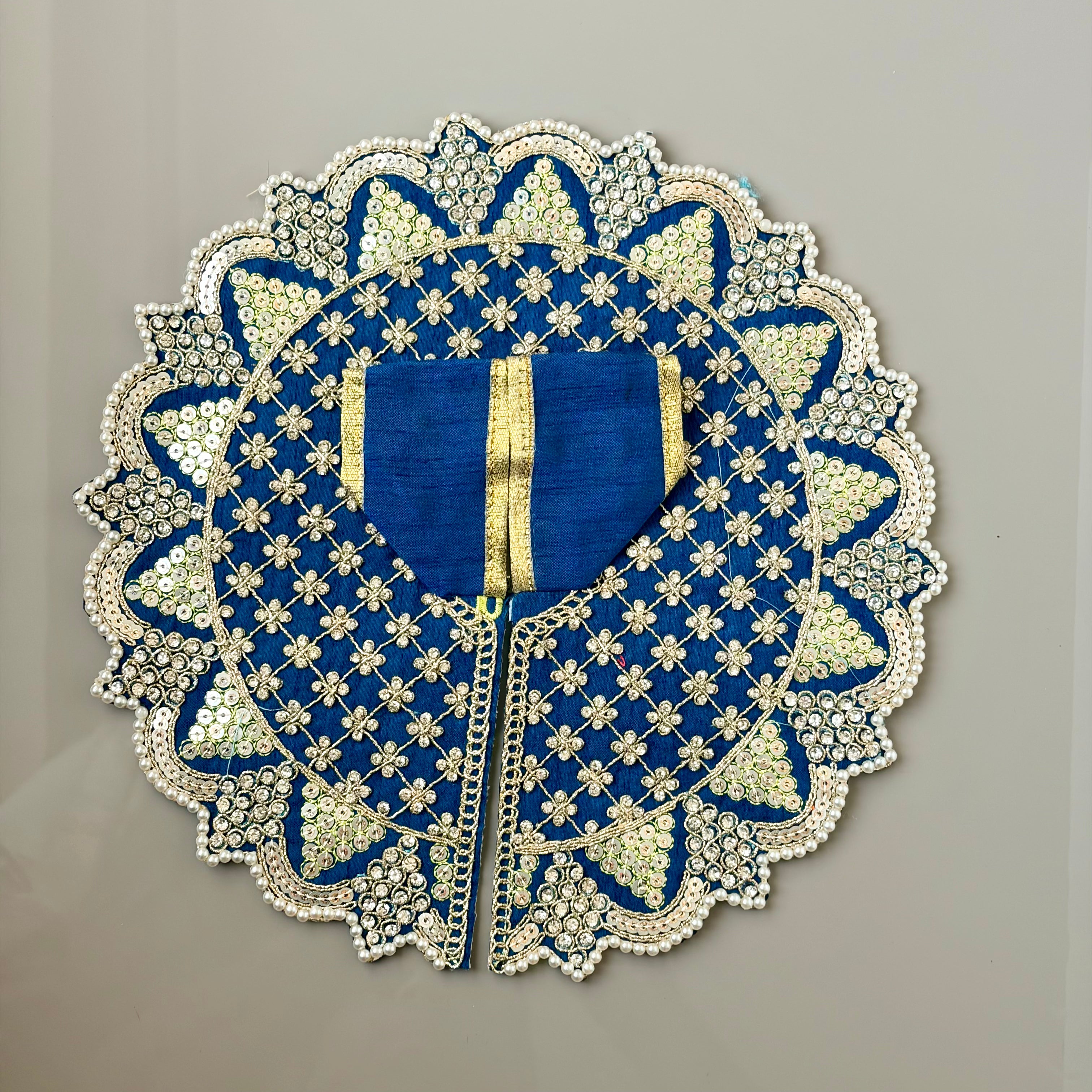 Blue Laddu Gopal dress in premium fabric with decorative embroidery and diamonds