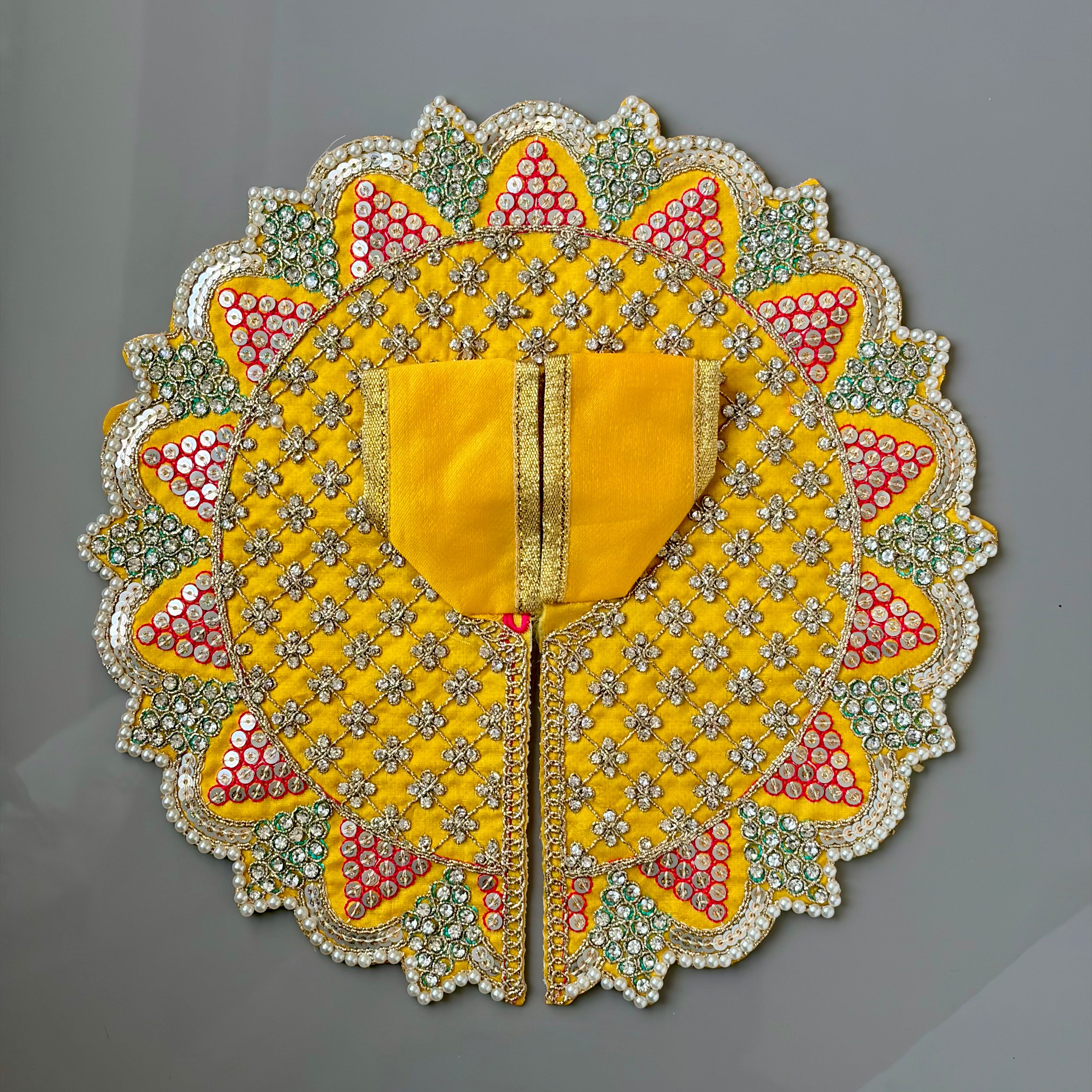 Yellow Laddu Gopal dress in premium fabric with decorative embroidery and diamonds