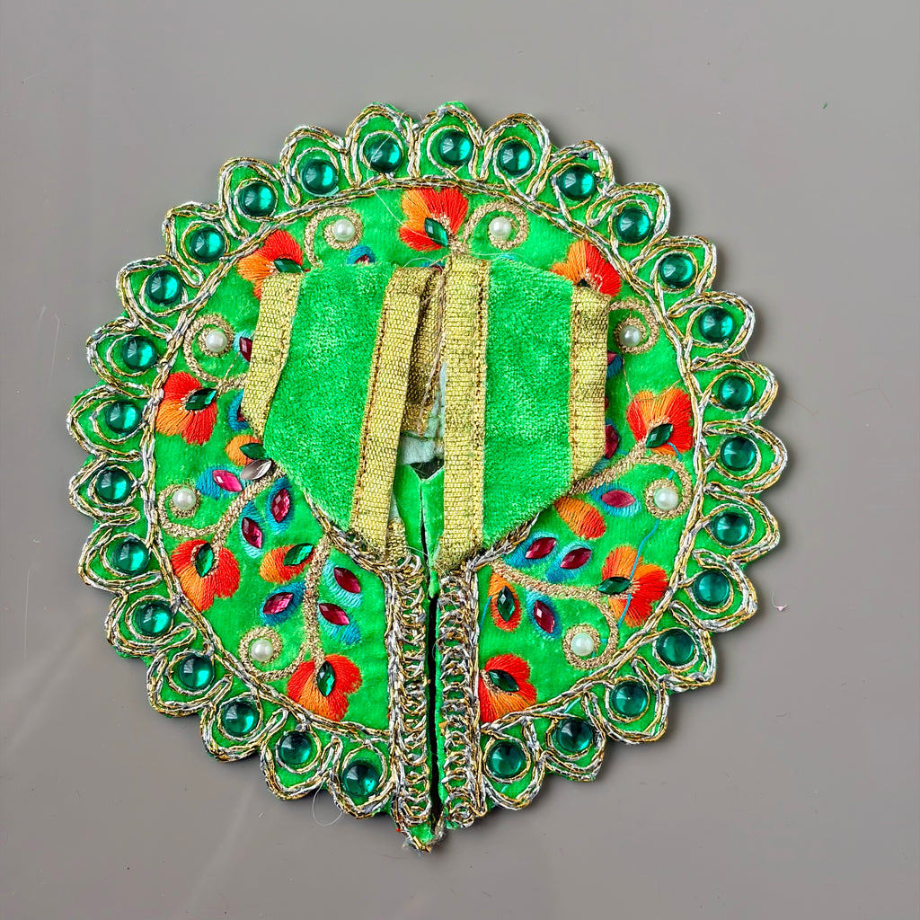 Green Handcrafted Laddu Gopal dress for festive shringar in premium fabric with stone border