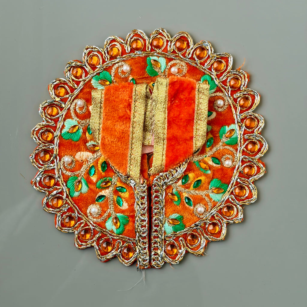 Orange Handcrafted Laddu Gopal dress for festive shringar in premium fabric with stone border