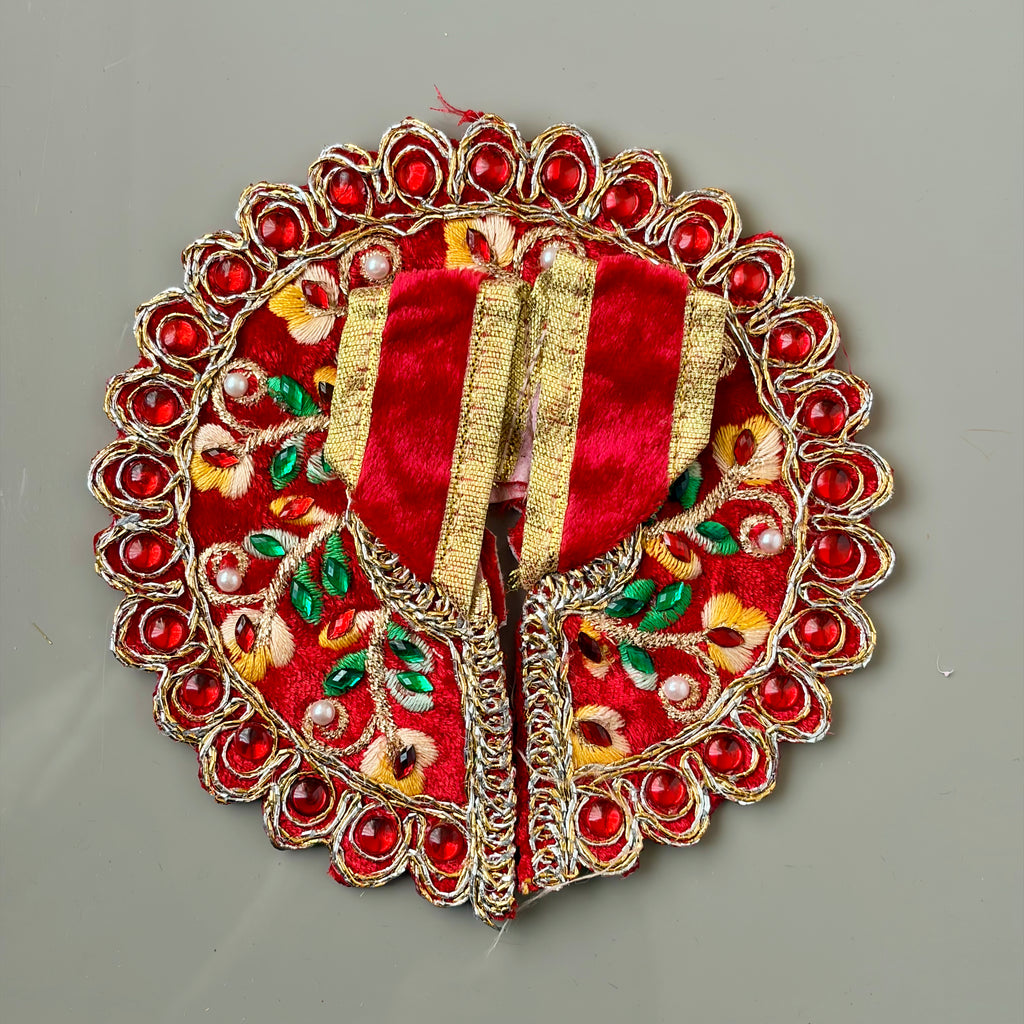 Red Handcrafted Laddu Gopal dress for festive shringar in premium fabric with stone border
