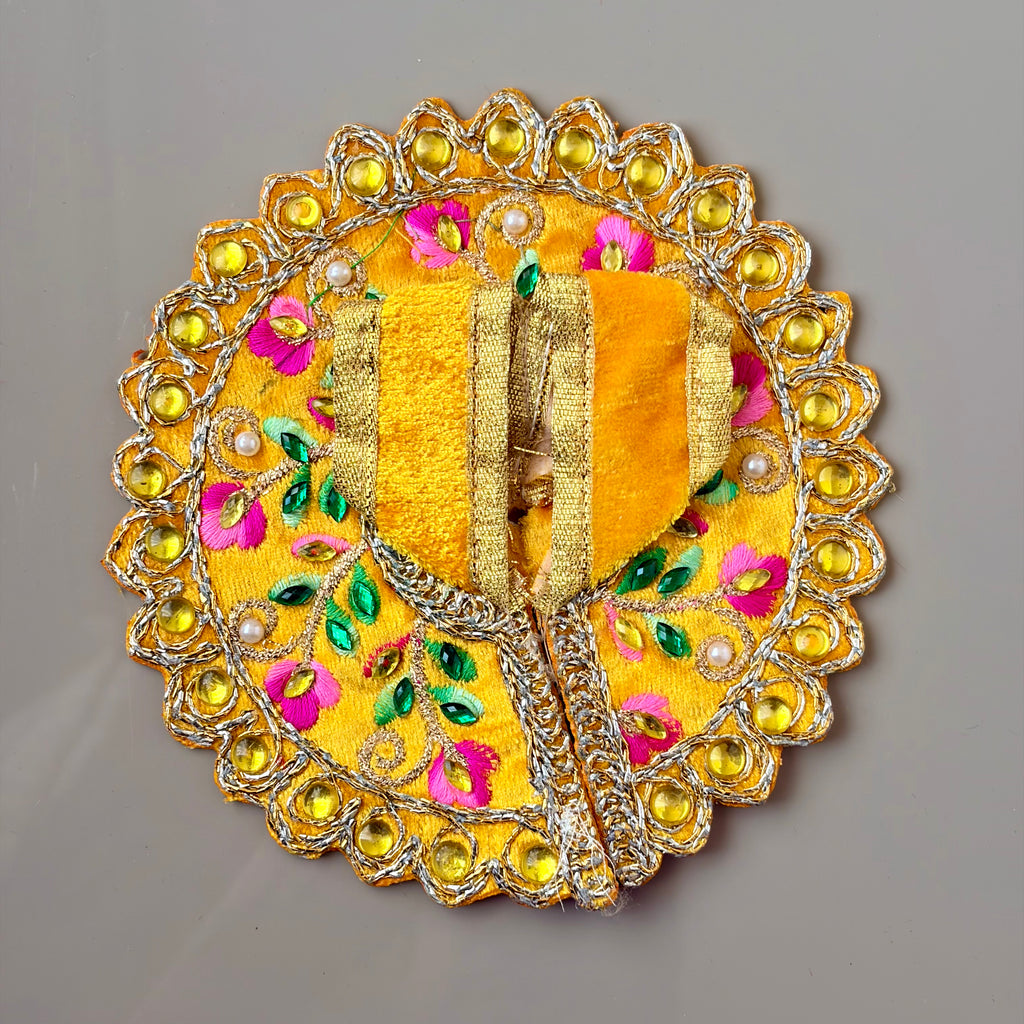Yellow Handcrafted Laddu Gopal dress for festive shringar in premium fabric with stone border