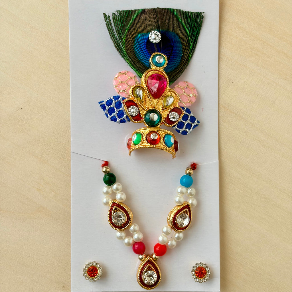 Laddu Gopal blue mala mukut earring set with decorative diamonds and stones for festive shringar