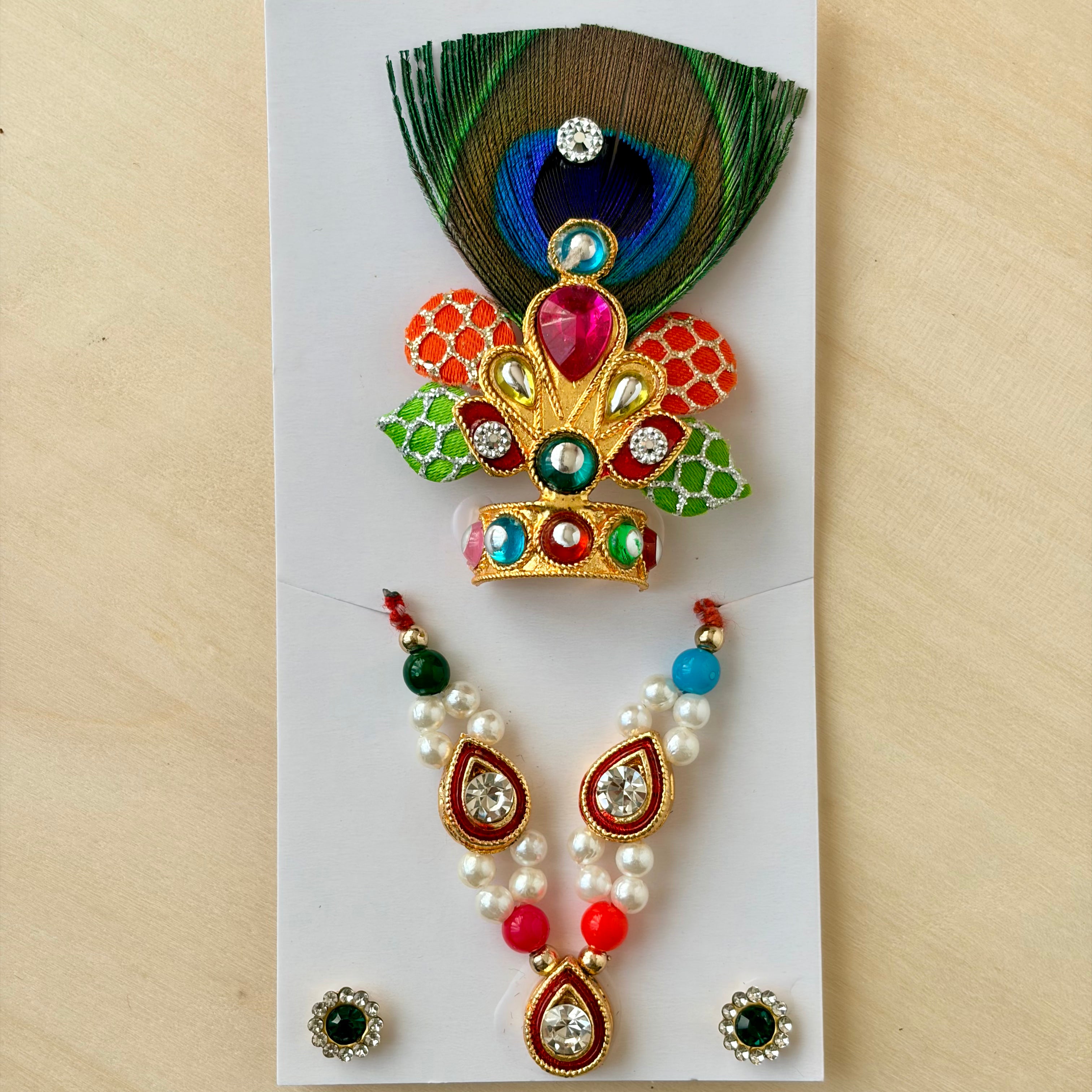 Mala-mukut-earring set, multi colour, peacock feather - suitable or size 0 to 2 - KSJ3