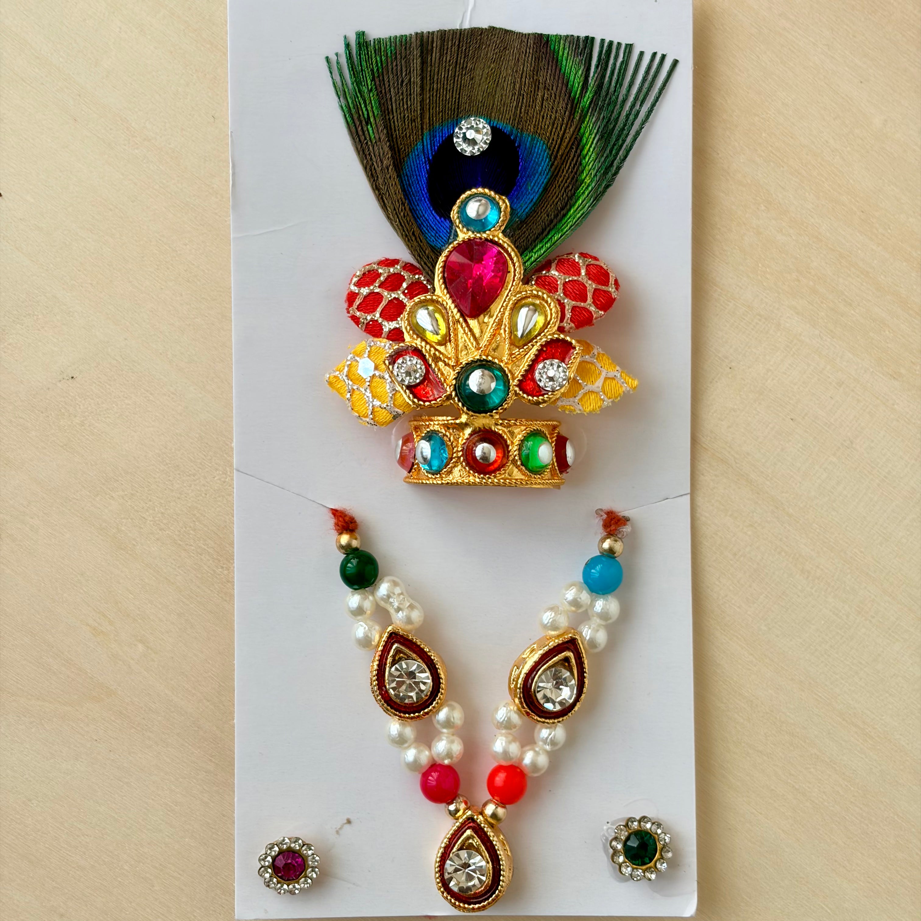 Mala-mukut-earring set, multi colour, peacock feather - suitable or size 0 to 2 - KSJ3