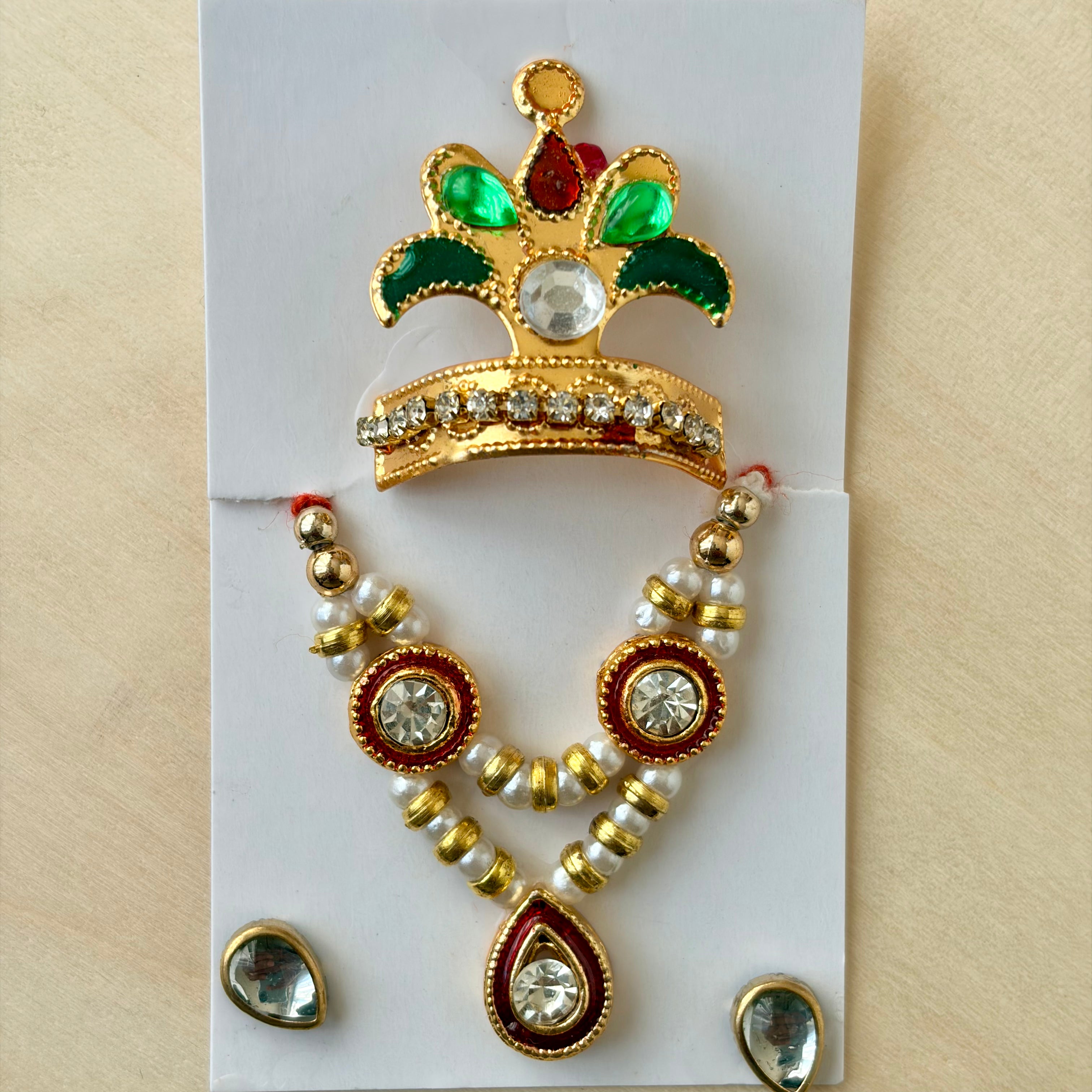 Laddu gopal mala mukut earring set with pearls, diamonds and stones for shringar