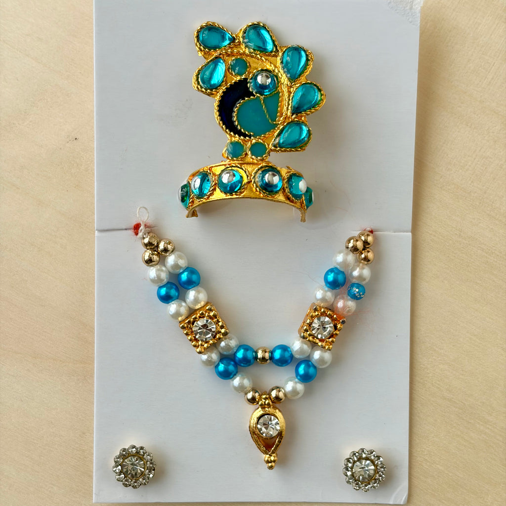 Laddu gopal orange mala mukut earring set with diamonds and stones for shringar