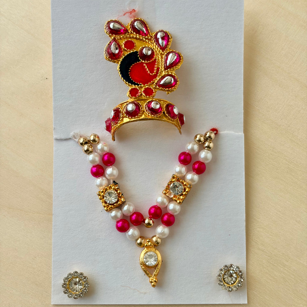 Laddu gopal pink mala mukut earring set with diamonds and stones for shringar