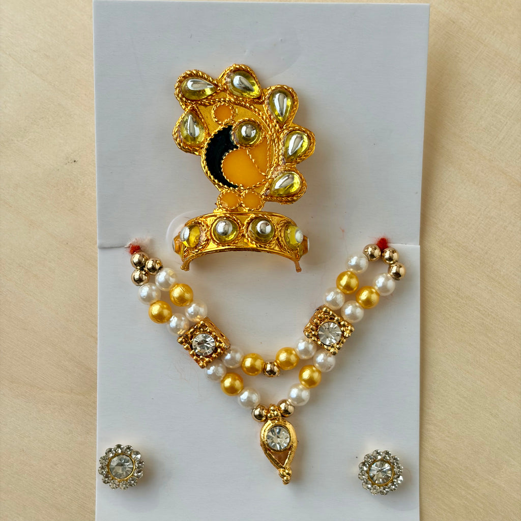 Laddu gopal yellow mala mukut earring set with diamonds and stones for shringar
