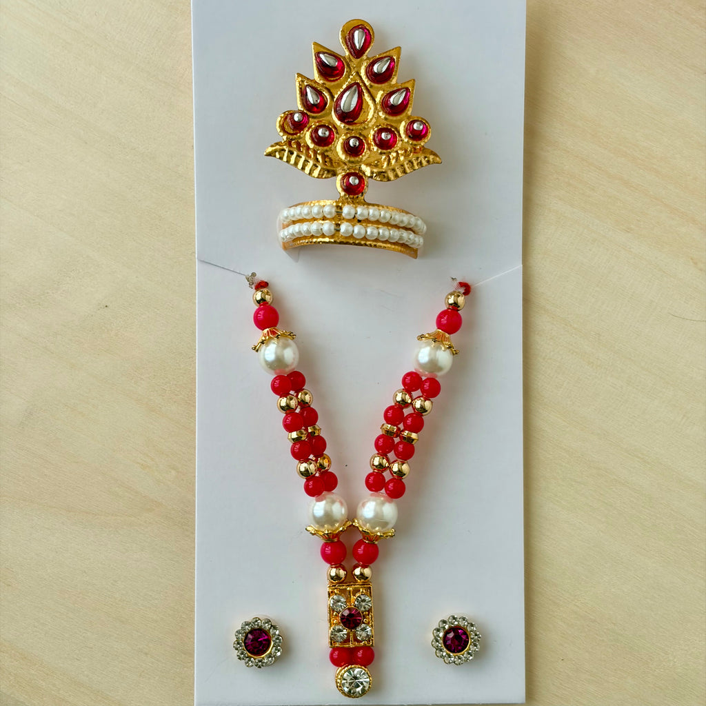 Laddu gopal pink mala mukut earring set with diamonds and stones for shringar