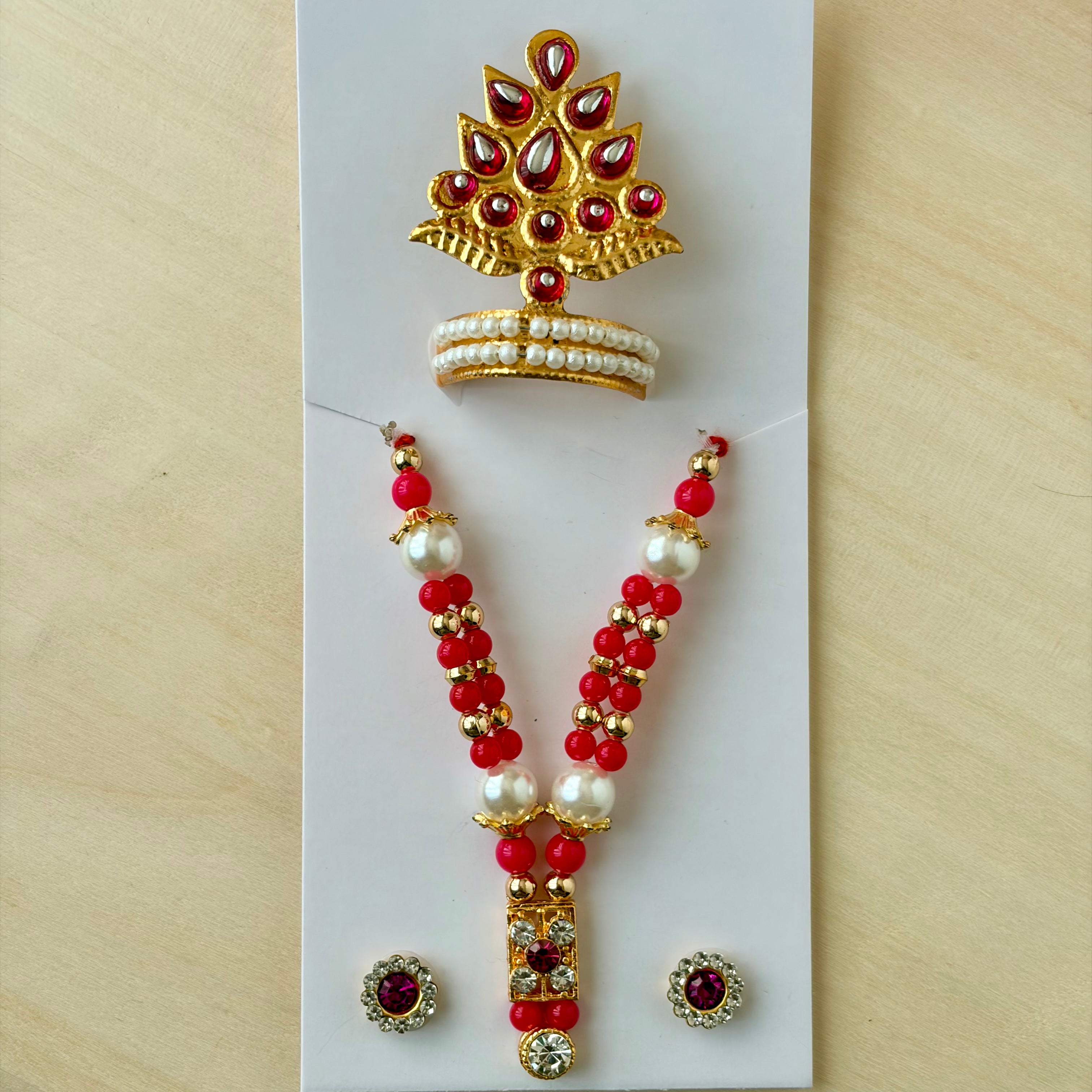 Laddu gopal pink mala mukut earring set with diamonds and stones for shringar