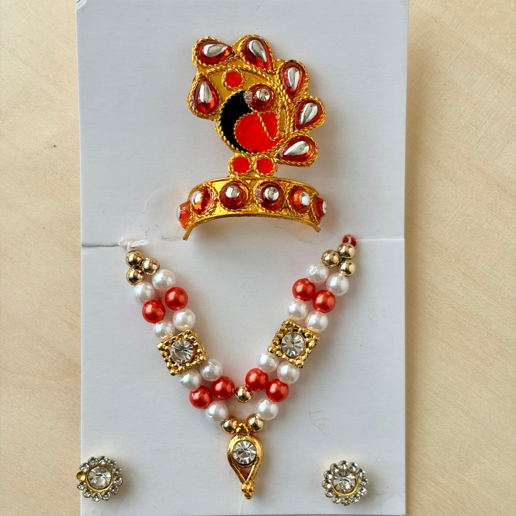 Laddu gopal orange mala mukut earring set with diamonds and stones for shringar