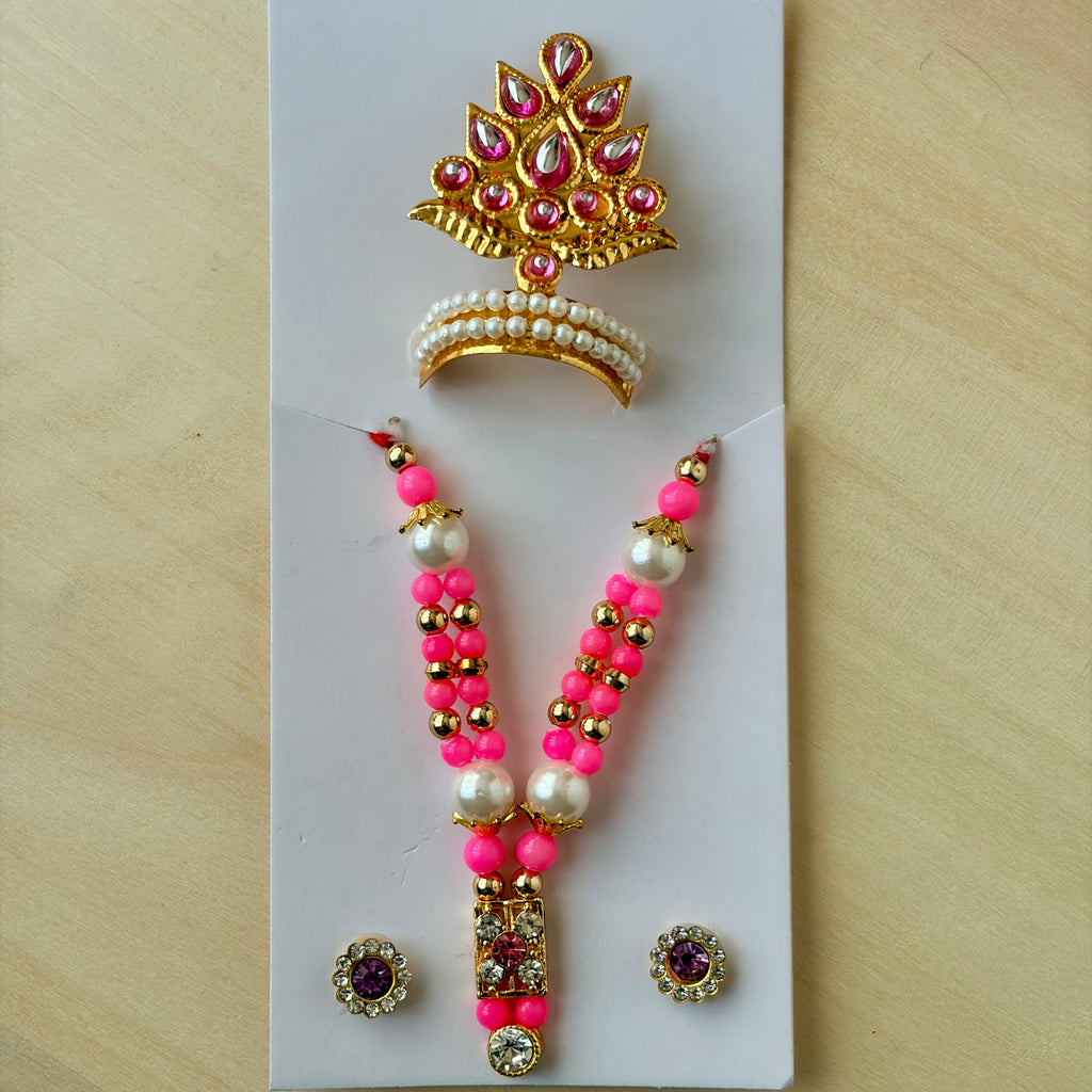 Pink Mala mukut earring set for laddu gopal