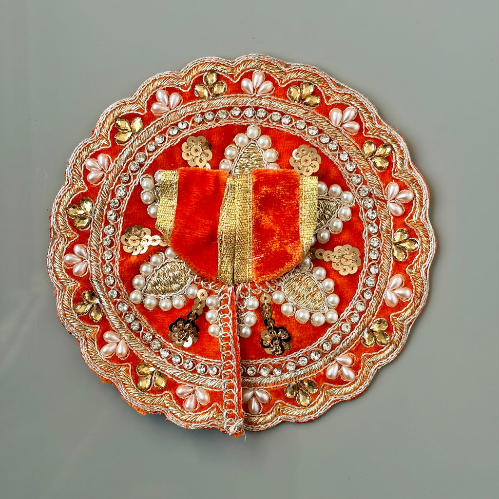 Orange Laddu Gopal dress in premium velvet with decorative embroidery and pearl work