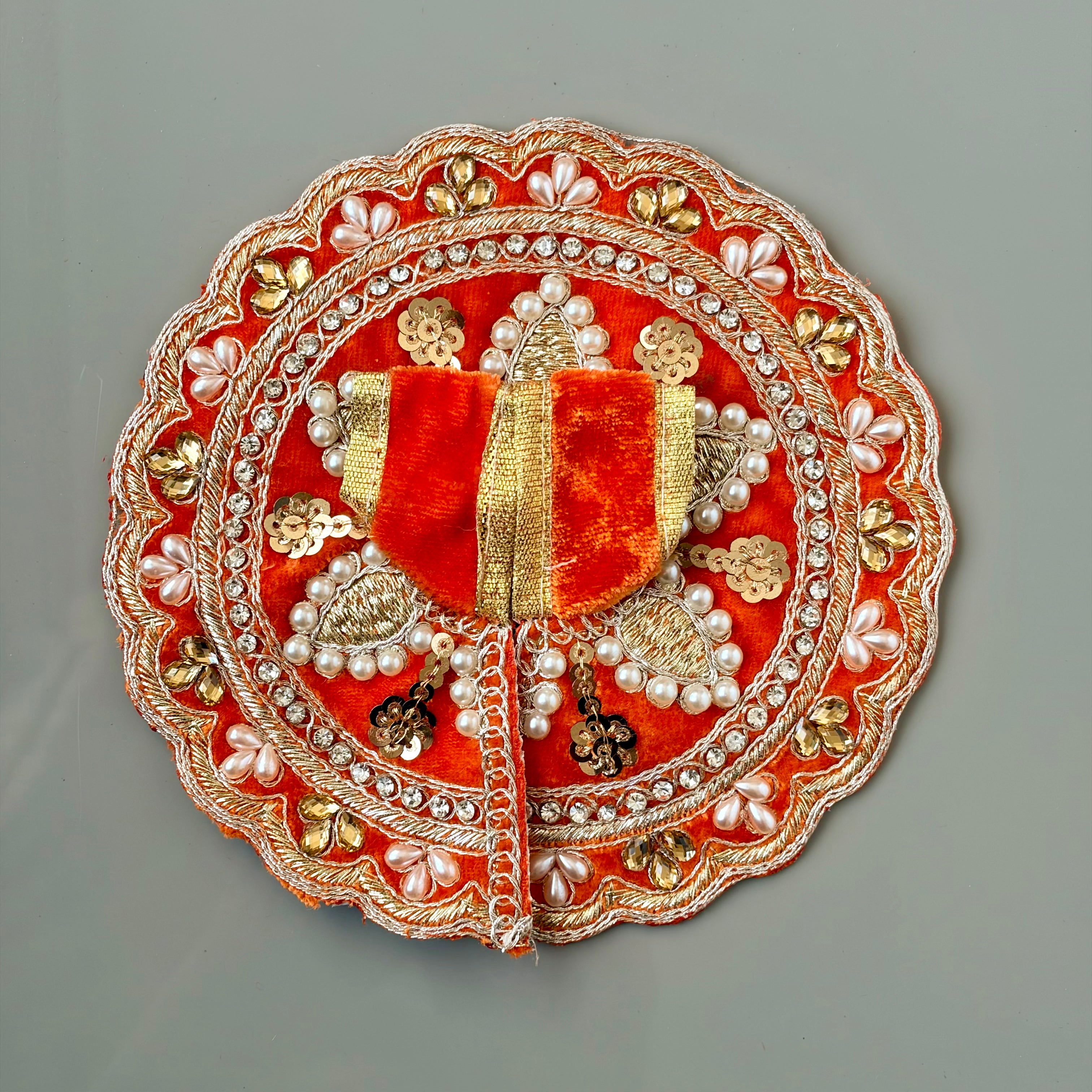 Orange Laddu Gopal dress in premium velvet with decorative embroidery and pearl work