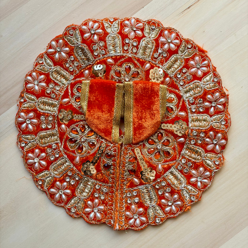 Orange velvet with pearl work Laddu Gopal dress for festive shringar in premium fabric with decorative detailing