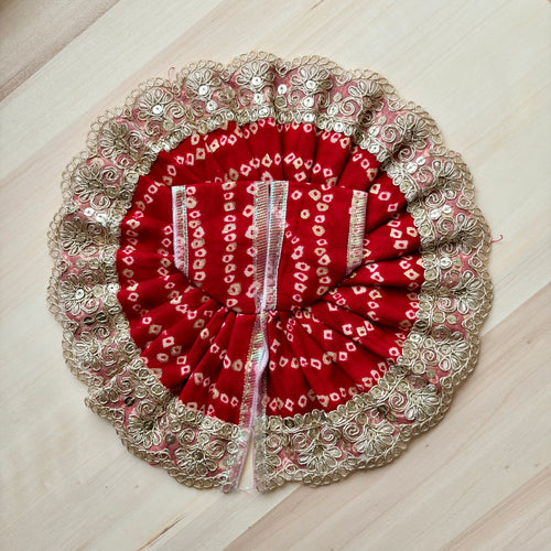 Red bandhani Laddu Gopal dress for festive shringar in premium fabric with decorative detailing