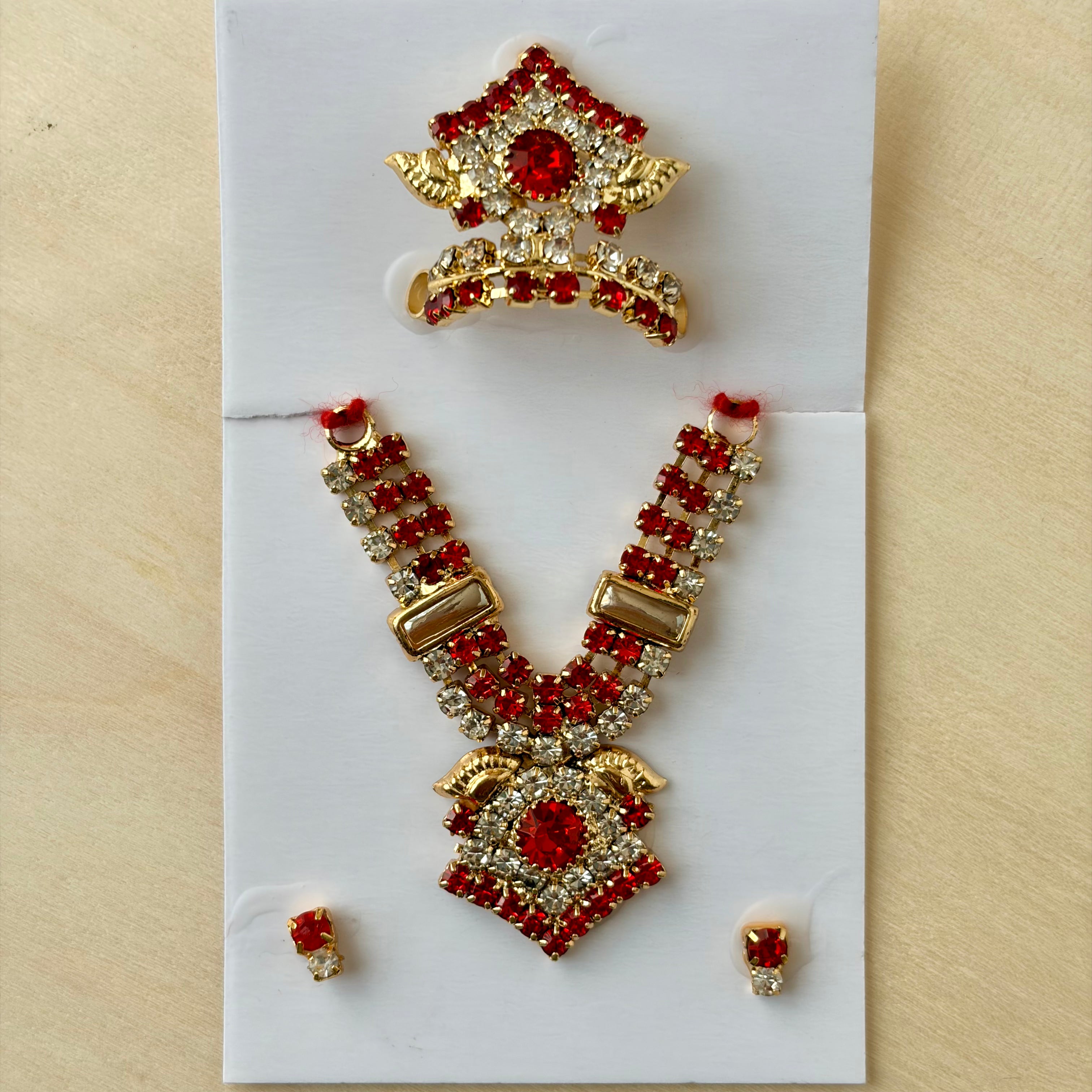 Red heavy diamond Mala mukut earring set for laddu gopal