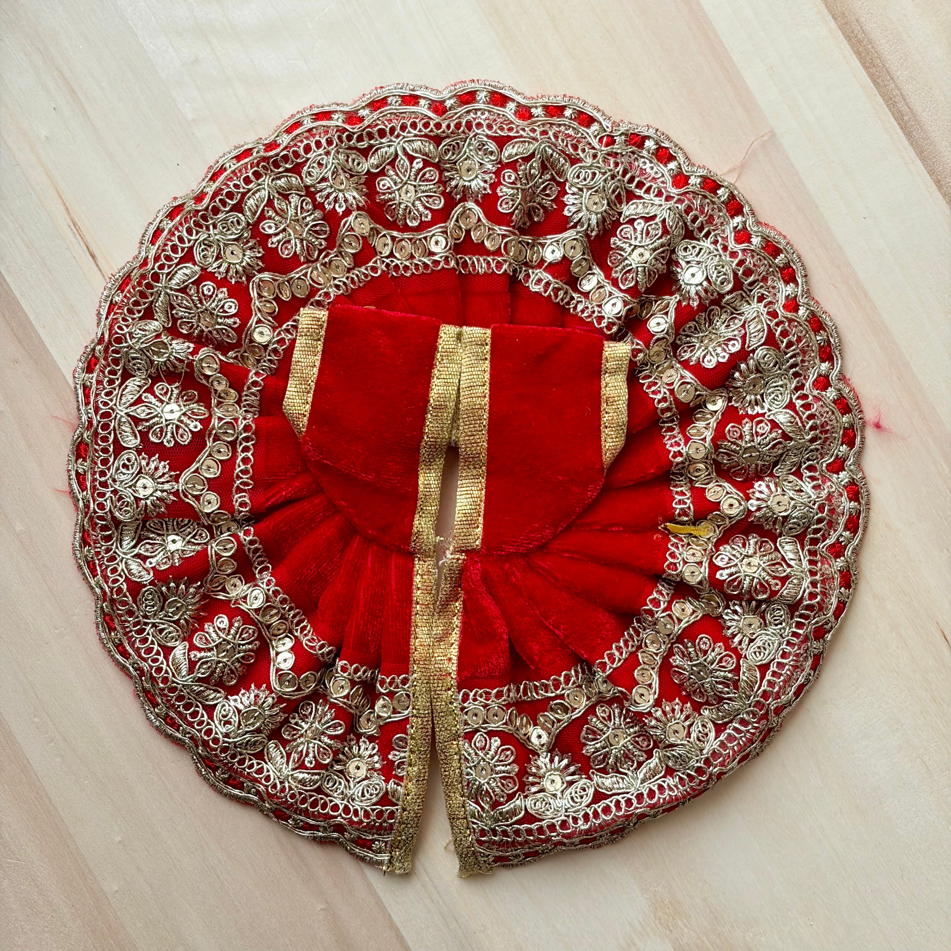 Red embroidery Laddu Gopal dress for festive shringar in premium fabric with decorative detailing