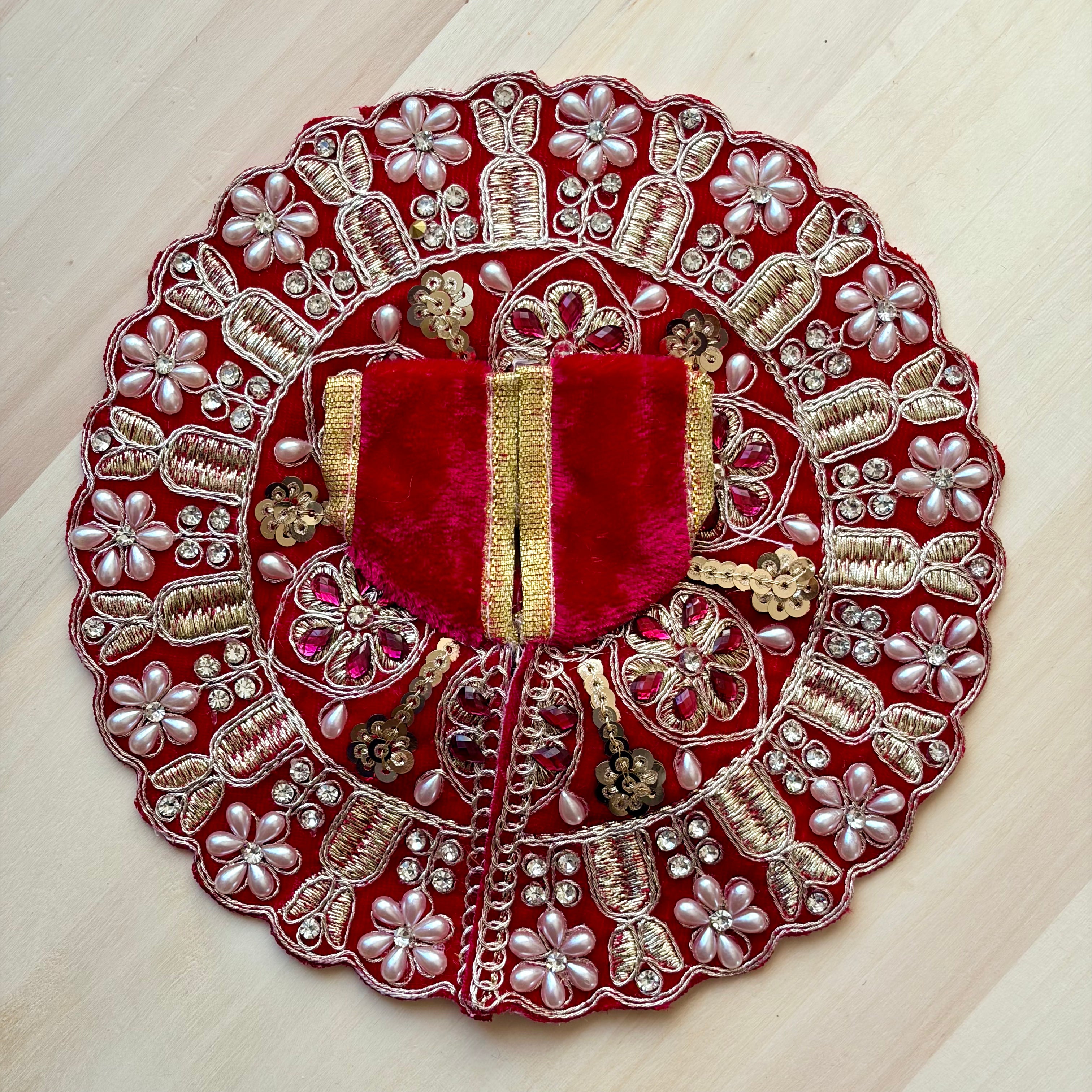 Red velvet with pearl work Laddu Gopal dress for festive shringar in premium fabric with decorative detailing