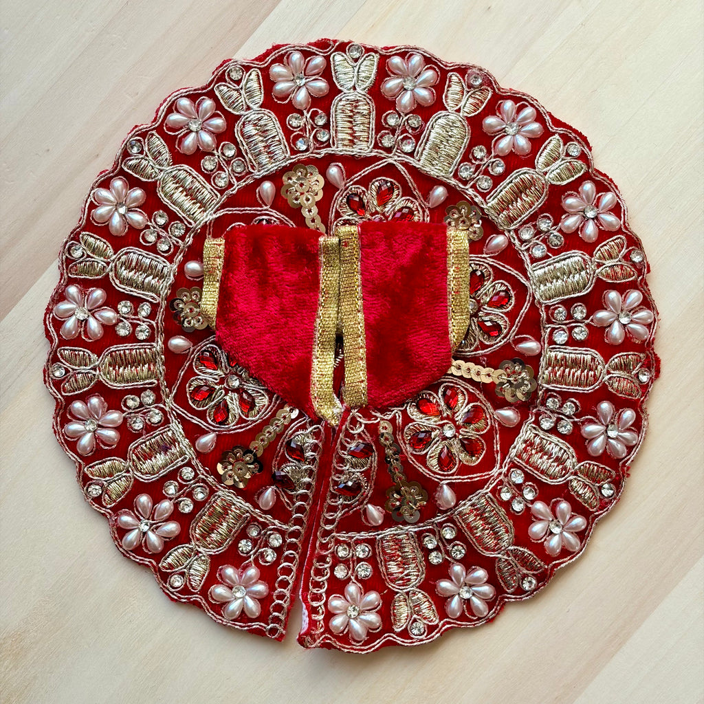 Red velvet with pearl work Laddu Gopal dress for festive shringar in premium fabric with decorative detailing