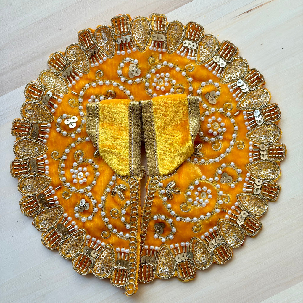 Yellow velvet Laddu Gopal dress for festive shringar in premium fabric with decorative detailing