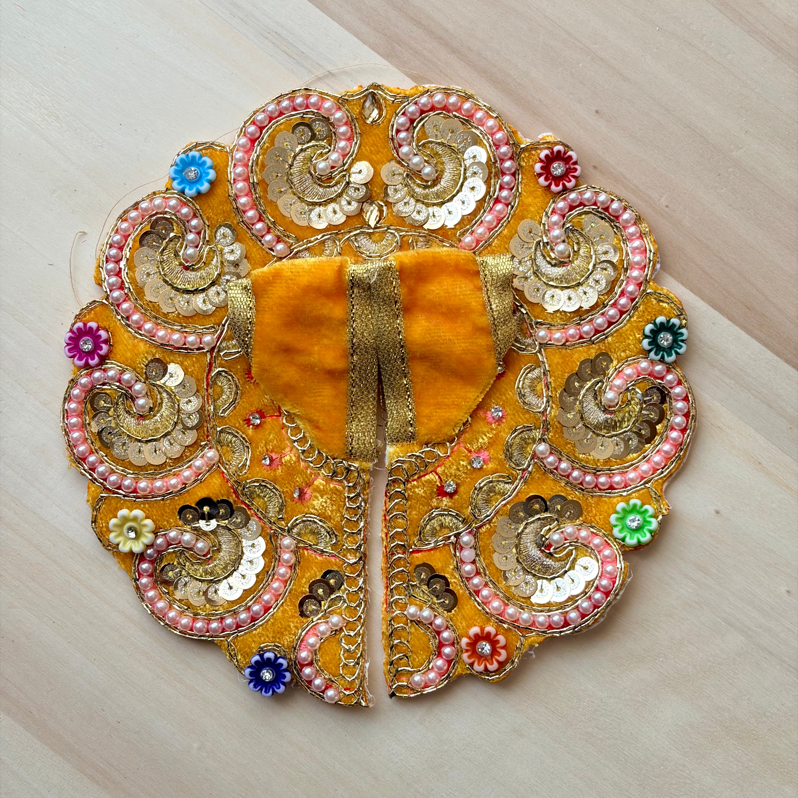 orange velvet Laddu Gopal dress with flowers 